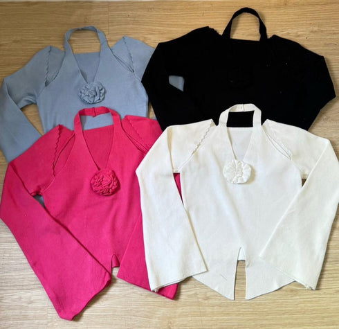 Early Spring Halter Neck Long Flare Sleeved Slit Pullover